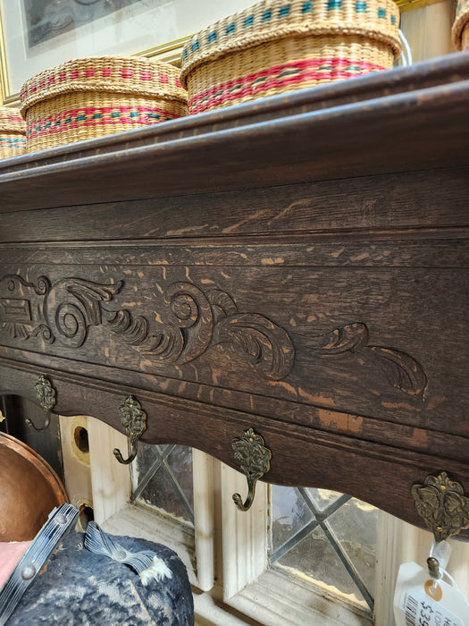 HUGE OAK WALL SHELF WTH HOOKS