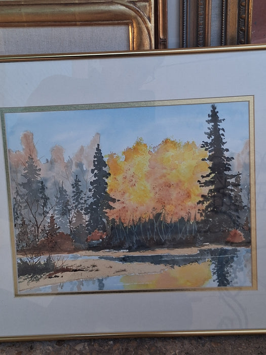 FRAMED WATERCOLOR OF COLORADO GREEN TREES AND YELLOW TREES SIGNED JO ELLA BLACKBURN