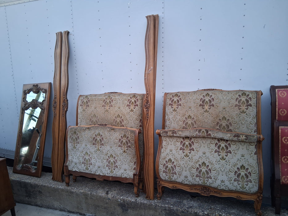 PAIR OF LOUIS XV FLORAL CARVED UPHOLSTERED TWIN BEDS