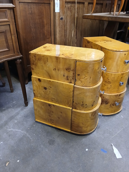 PAIR OF SMALL ART DECO BIRDSEYE MAPLE 3 DRAWER CURVED CHESTS