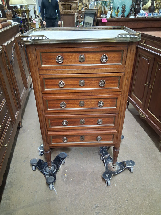 LOUIS XVI NARROW 5 DRAWER CHEST WITH WHITE MARBLE TOP AND GALLERY RAIL