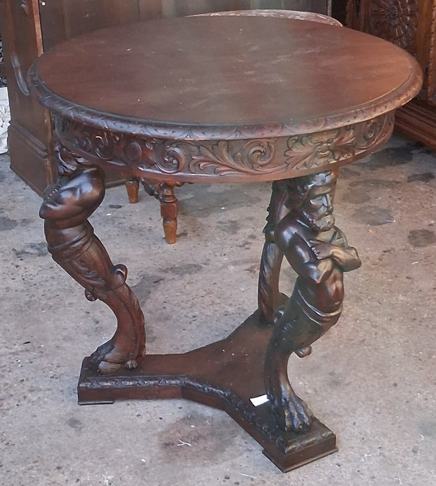 DARK ROUND OAK ATLANTES CARVED LAMP TABLE