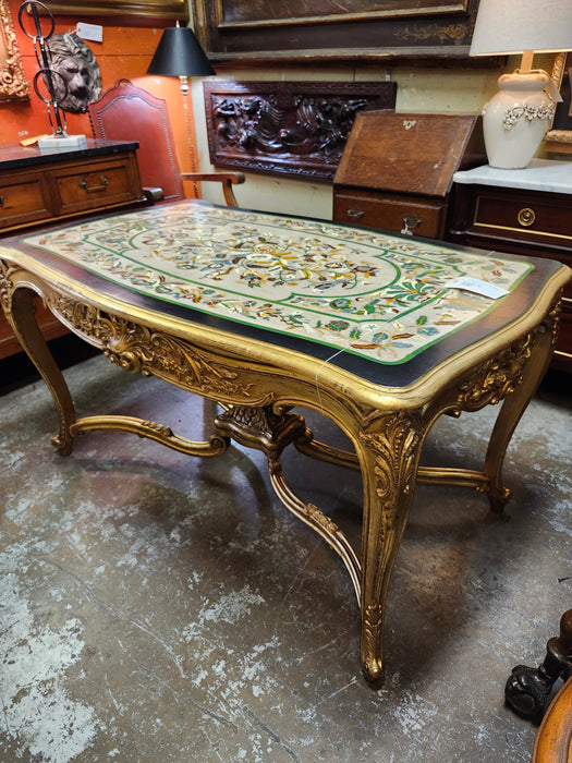 LOUIS XV CARVED GILTWOOD TABLE WITH INTRICATE FLORAL AND BIRD INLAY