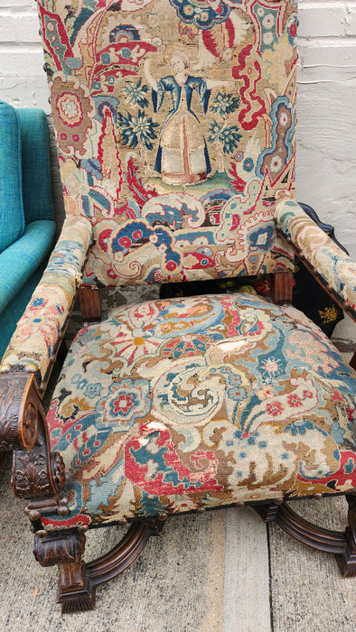 DARK OAK CARVED ARM CHAIR WITH AS FOUND TAPESTRY FABRIC