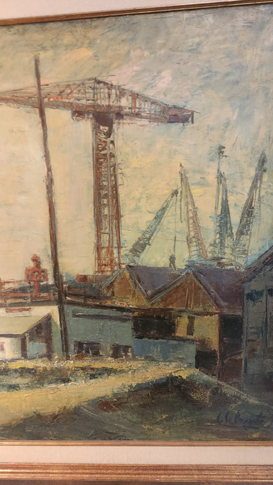 LARGE SHIP YARDS OIL PAINTING