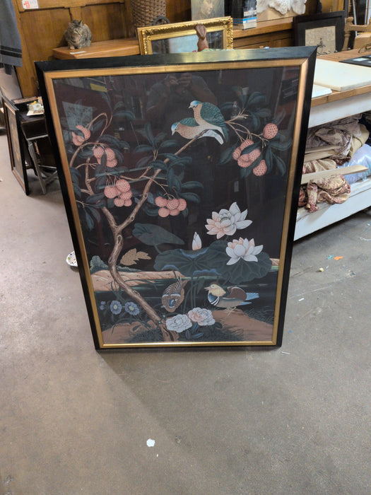 BLACK AND GOLD FRAMED JAPANESE PAINTED LOTUS AND DUCKS ON SILK