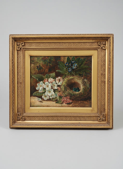 SMALL FRAMED 19TH CENTURY OIL PAINTING ON CANVAS "THE NEST" SIGNED E. VICTOR