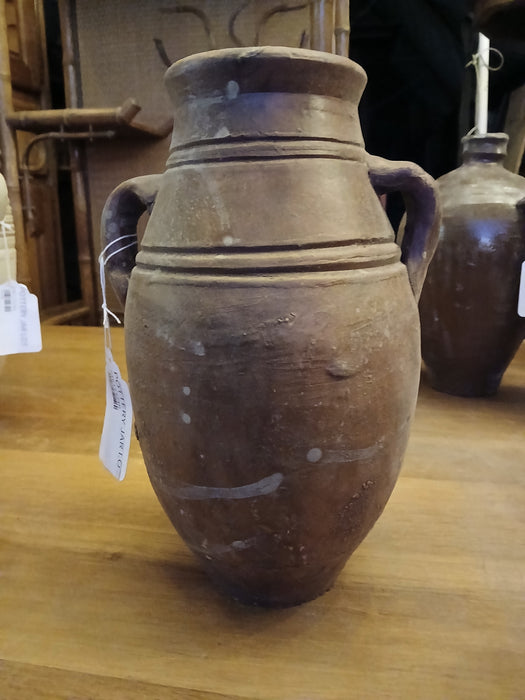 BROWN GLAZED TERRA COTTA VASE WITH HANDLES