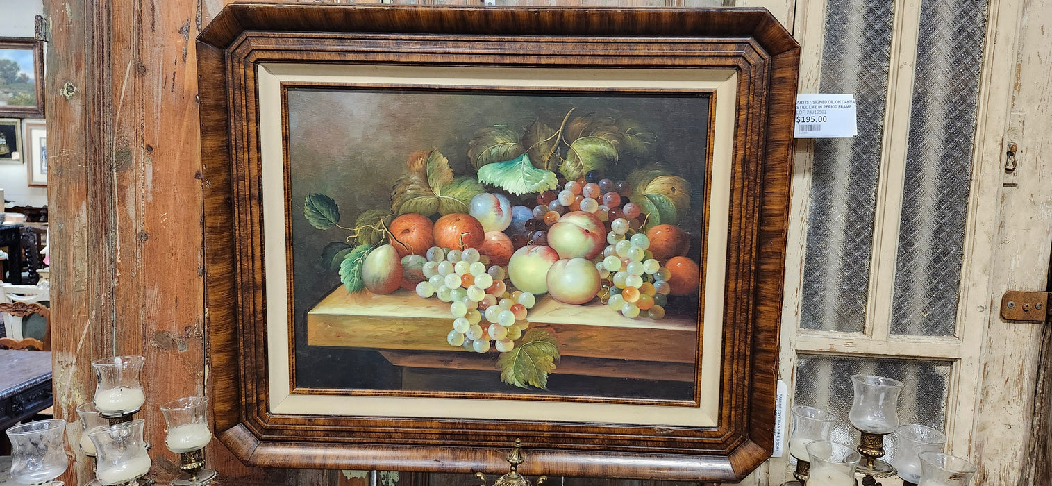 ARTIST SIGNED OIL ON CANVAS STILL LIFE IN PERIOD FRAME