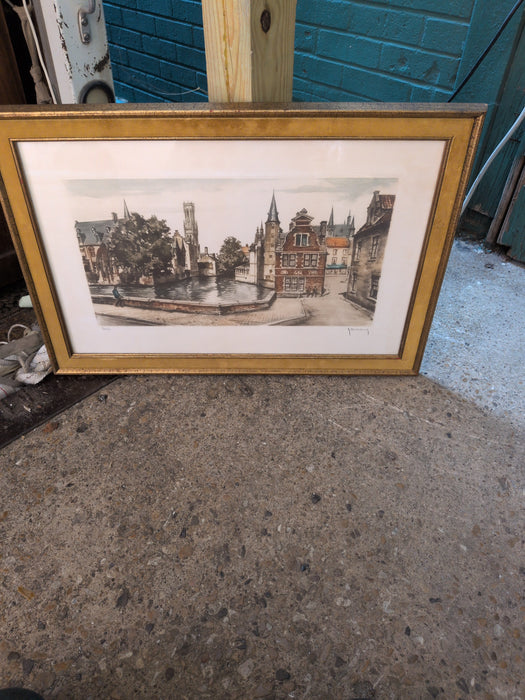 AQUATINT ETCHING OF A TOWN ON A CANAL SIGNED ROGER HEBBELINCKE