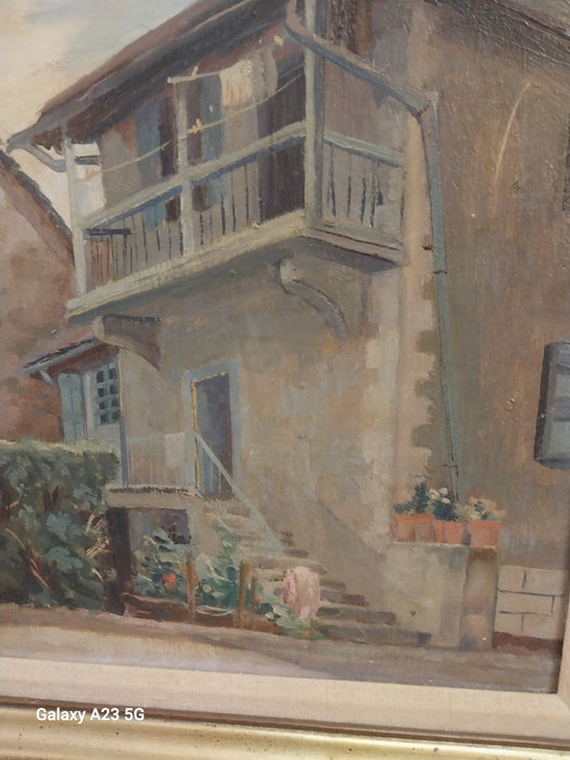 SMALL SQUARE FRAMED OIL PAINTING OF A BUILDING