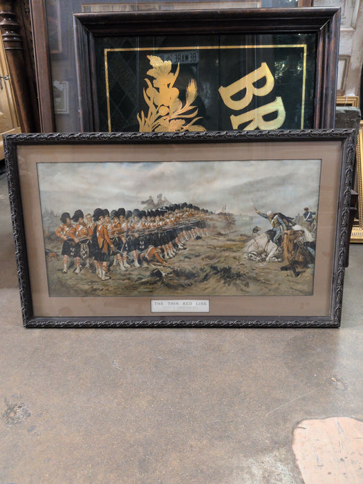 BLACK FRAMED PAINTING OF CAVALRY BATTLE “THE THIN RED LINE” - SIGNED ROBERT GIBB