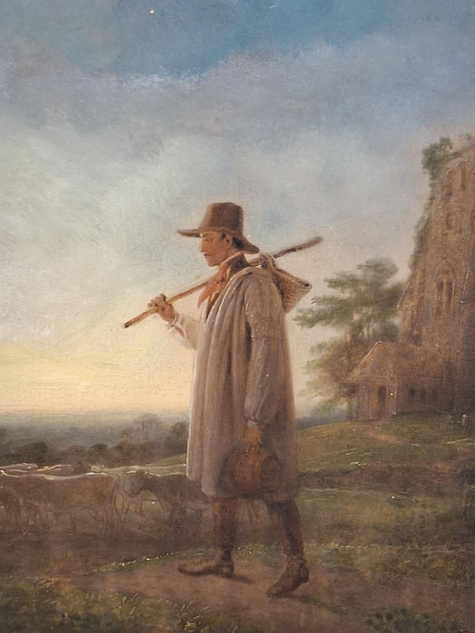 SMALL GILT FRAMED OIL PAINTING ON BOARD "THE SHEPARD" SIGNED JULIUS CAESAR IBERTSON