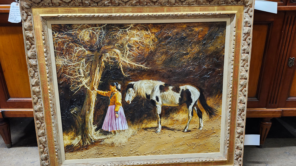 GILT FRAMED OIL PAINTING OF GIRL AND SCURVY HORSE PAUL CALLE