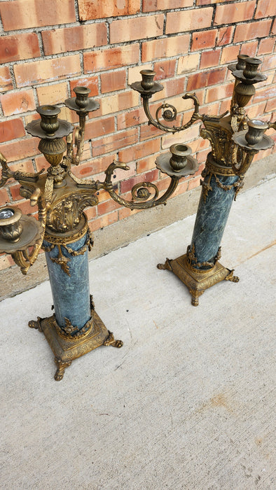 PAIR OF HEAVY GREEN MARBLE AND BRONZE CANDLEABRAS