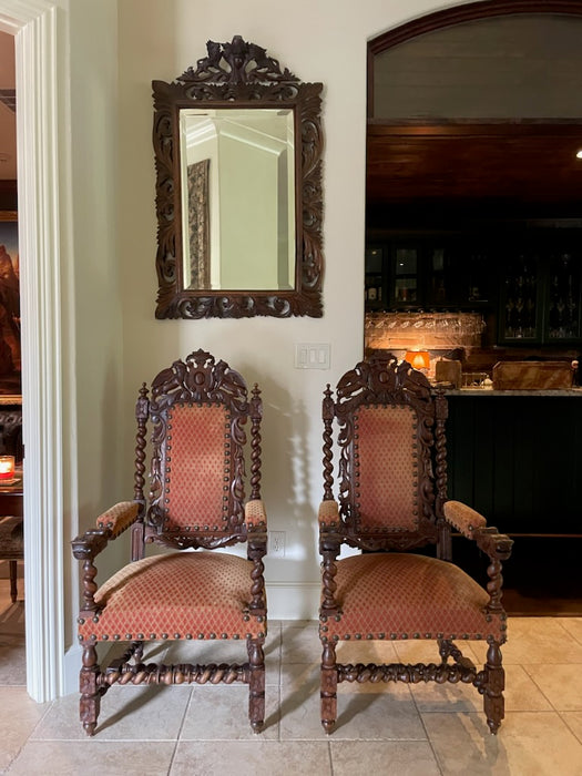 PAIR OF FRENCH BARLEY TWIST OAK ARM CHAIRS WITH ORANGE UPHOLSTERY