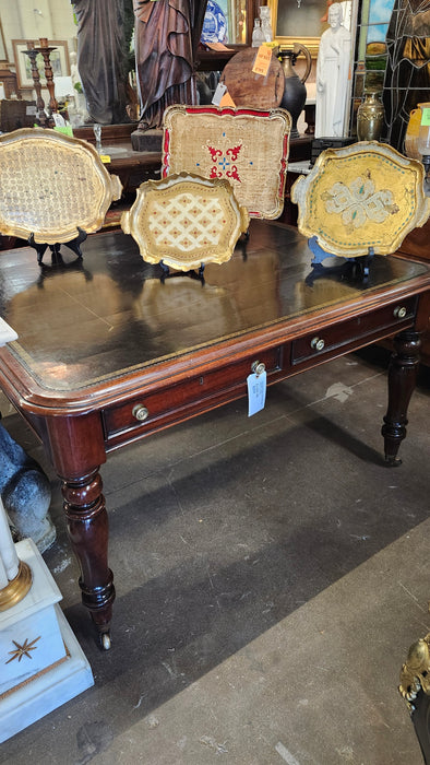 ENGLISH MAHOGANY WITH BLACK LEATHER TOP LIBRARY TABLE