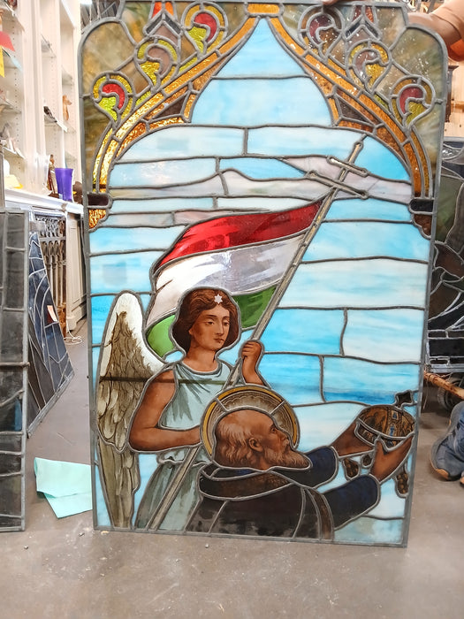 LARGE PAINTED AND STAINED GLASS WINDOW WITH ANGEL