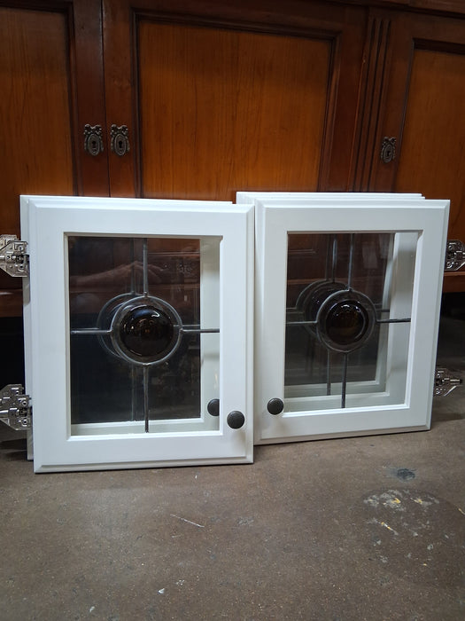 SET OF 5  SMALL SQUARE LEADED GLASS DORS WITH RONDELS