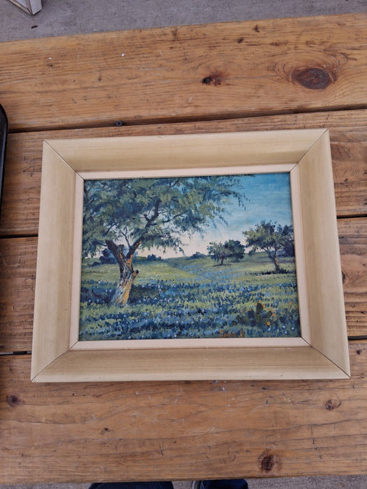 SMALL FRAMED BLUE BONNET OIL PAINTING SIGNED EDNAK