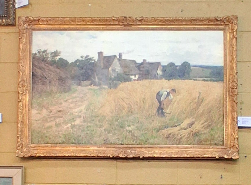 LARGE GILT FRAMED WHEAT HARVESTER OIL PAINTING SIGNED JOHN CHATAEU CLAYTON ADAMS