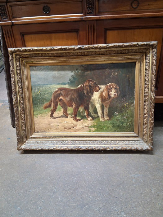 MEDIUM FRAMED OIL PAINTING OF DOGS SIGNED P, SHOUTEN