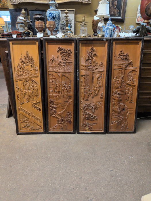 SET OF WOOD CARVED CHINESE 4 SEASON PANELS