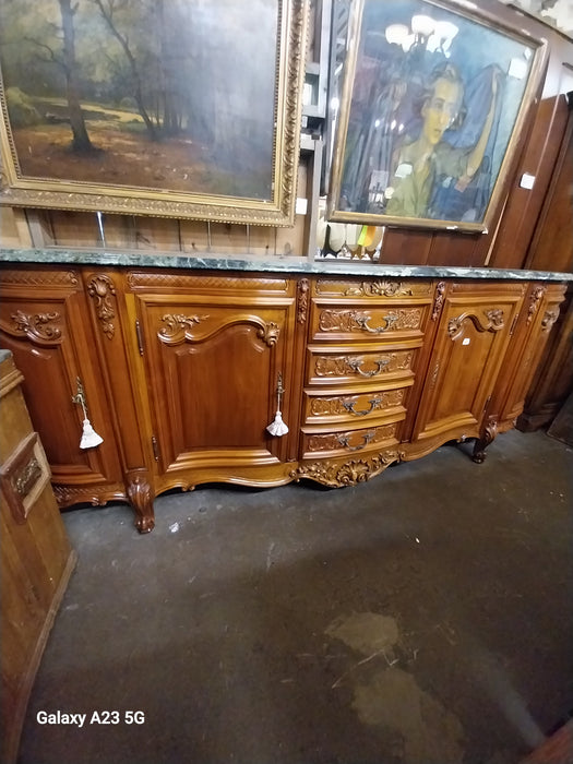 LARGE LOUIS XV CHERRY SIDEBOARD WITH GREEN MARBLE TOP