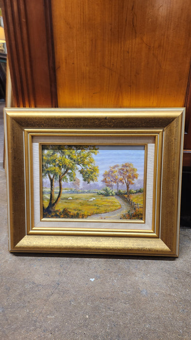 FRAMED SHEEP IN  PASTURE OIL PAINTING