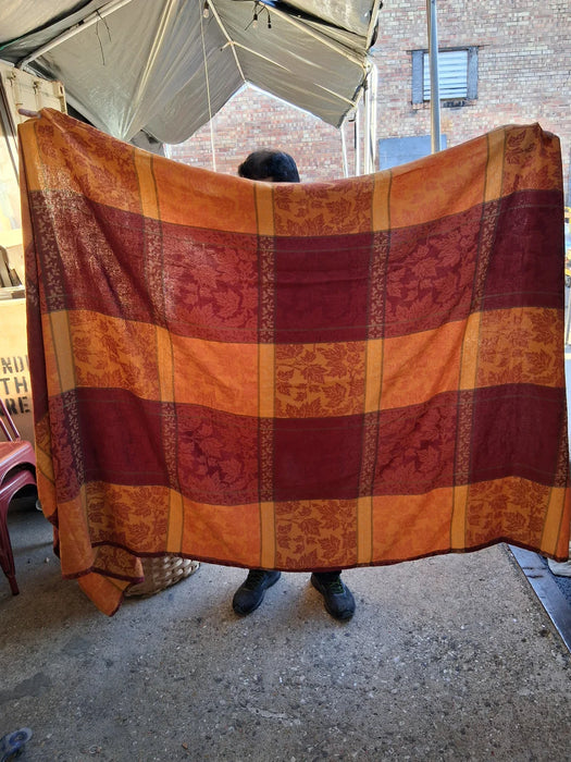 LARGE RUST AND BURGUNDY TABLE CLOTH WITH LEAVES