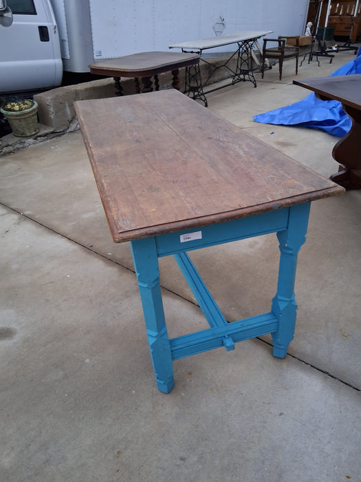 PINE TABLE WITH BLUE PAINTED TOP
