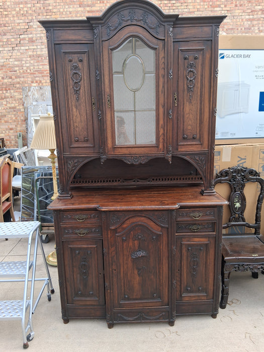 LOUIS XVI OAK BUFFET  DEUX CORPS WITH WREATH AND FLOWER BASKET CARVING