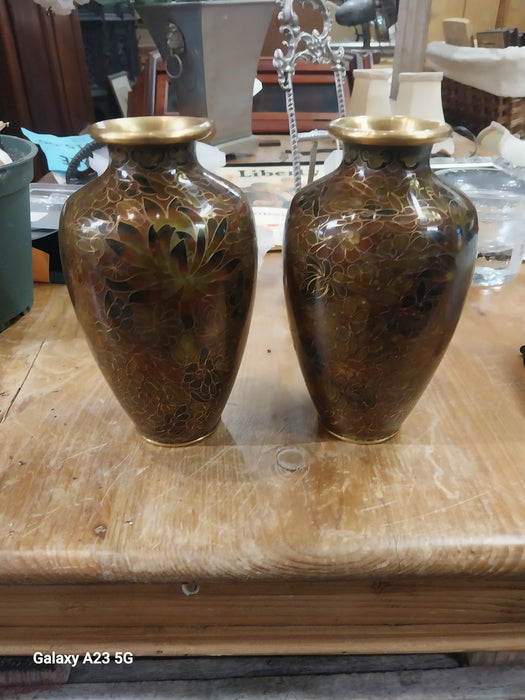 PAIR OF SMALL BROWN CLOISSONE VASES