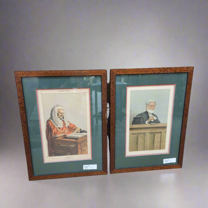 PAIR "SKY" AND VANITY FAIR JUDGE ETCHINGS IN BURLED FRAME