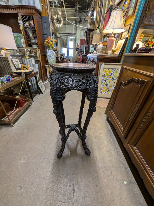 ROSEWOOD ASIAN CARVED MARBLE TOP PLANT STAND