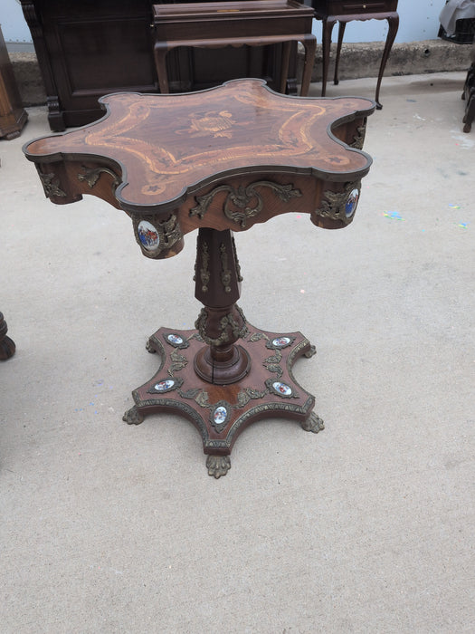 SMALL PEDESTAL BASE TABLE WITH ORMOLU AND APPLIED PORCELAIN AS FOUND