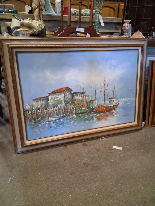 LARGE SEASCAPE WHARF VINTAGE OIL PAINTING