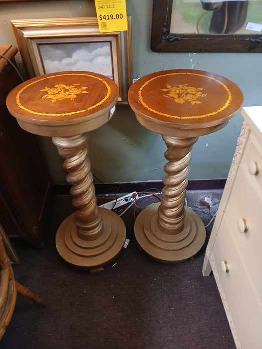 PAIR OF BARLEY TWIST PEDESTALS WITH INLAY