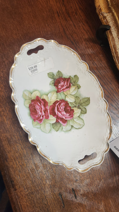 MEDIUM BAVARIA TRAY WITH FLORAL CENTER AND GOLD TRIM