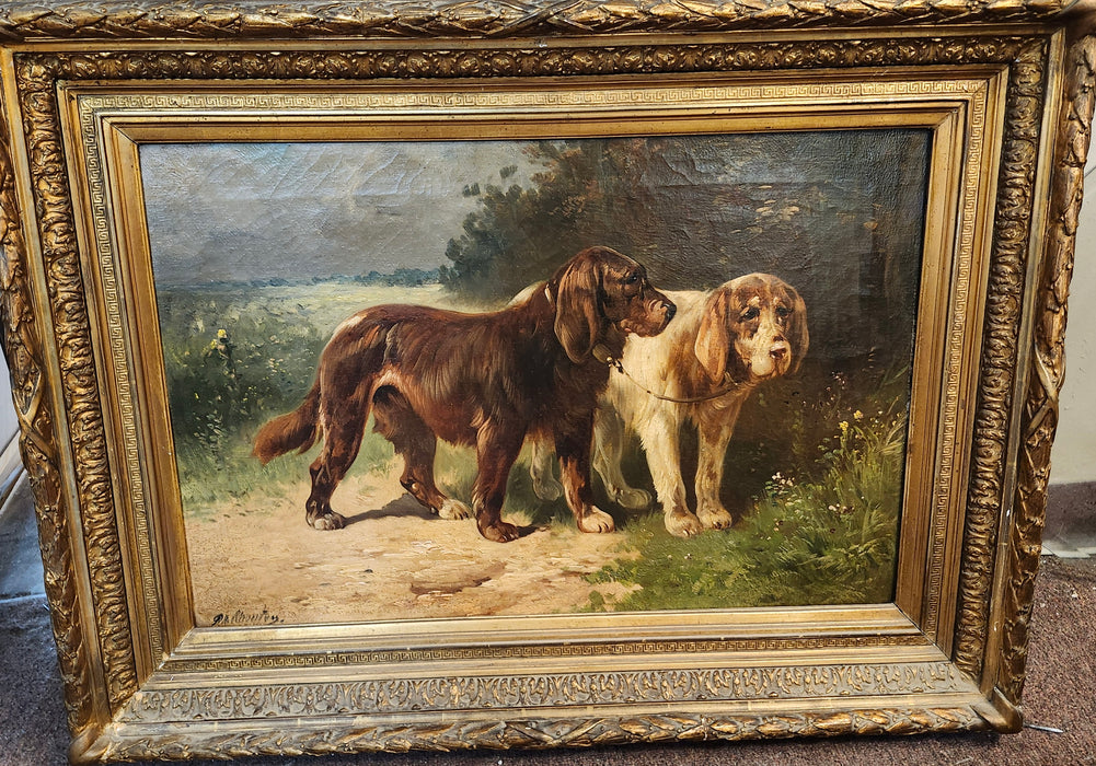 MEDIUM FRAMED OIL PAINTING OF DOGS SIGNED P, SHOUTEN