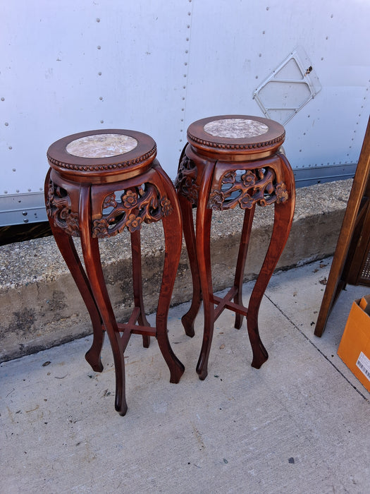 PAIR OF CARVED MAHOGANY AND MARBLE ASIAN STANDS