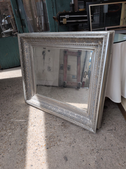 CARVED WOOD SILVER GILT BEVELED MIRROR