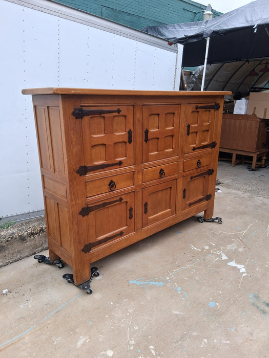 LONG BLONDE OAK MULTIPANELED 6 DOOR CABINET