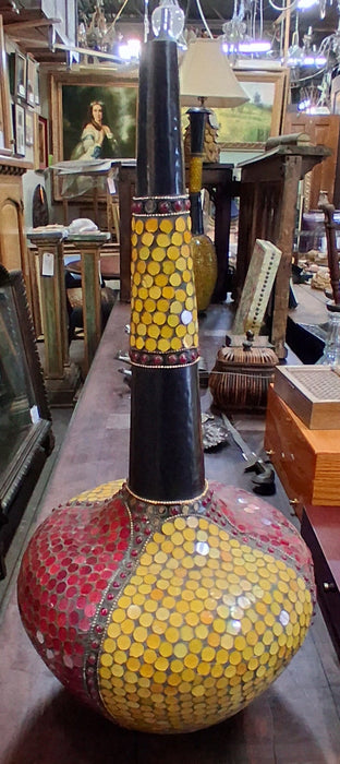 BULBOUS METAL VASE WITH COLORFUL MOSAIC MIRRORS