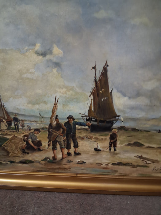 FRAMED SEASCAP OIL PAINTING WITH PEOPLE AND BOATS