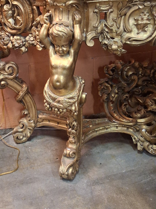 GILTWOOD CHERUB CONSOLE WITH MARBLE TOP
