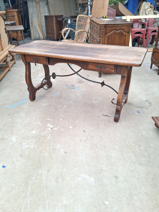 SPANISH OAK IRON BASE STRETCHER TABLE