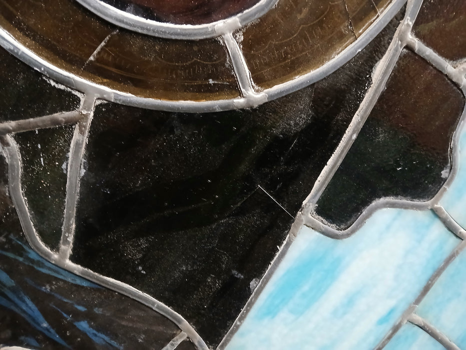 LARGE PAINTED AND STAINED GLASS WINDOW WITH WITH JOSEPH WITH LILY AD SQUARE  AS FOUND