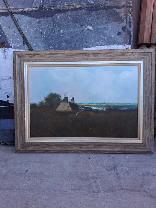 FRAMED OIL PAINTING OF TEEPEES AND A HORSE SIGNED DOUGLAS RICKS