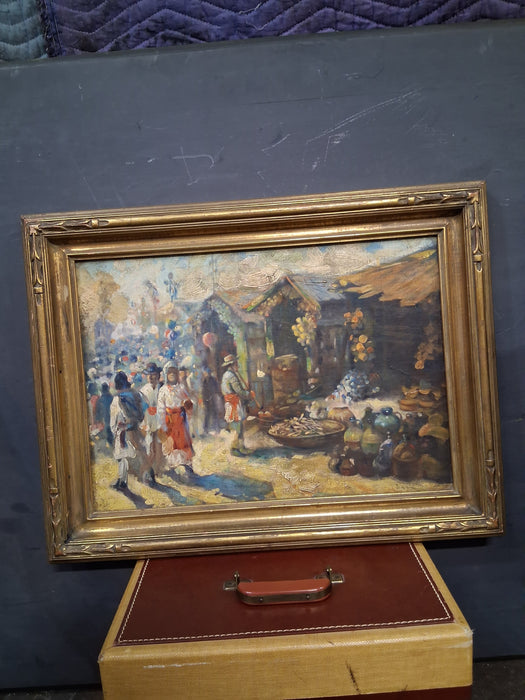 SMALL FRAMED MEXICAN MARKET OIL PAINTING